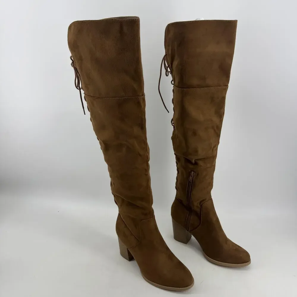 Soda Over The Knee Riding Boots Womens 8.5 Chestnut Faux Suede Lace Up Aspire-S
